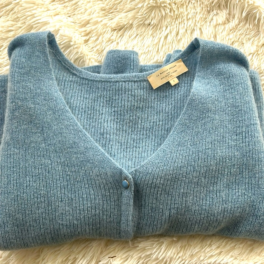 Sezane Blue V-Neck Button Cardigan